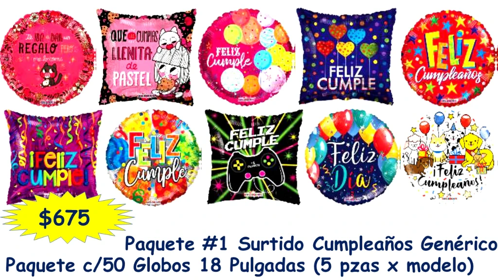 Paquete #1 Surtido Cumpleaños Genérico Paquete c/50 Globos 18 Pulgadas (5 pzas x modelo)