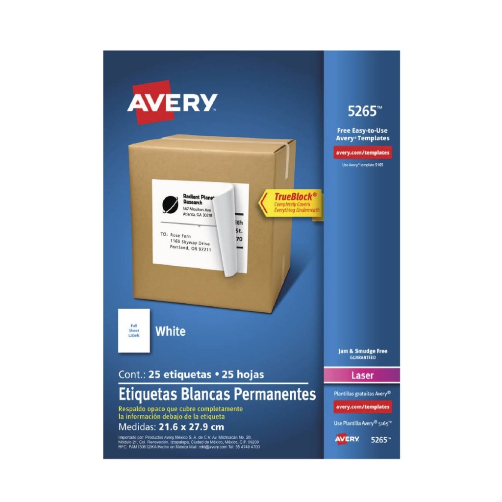 ETIQUETA AVERY LASER BLANCA 8 1/2"X11" / 21.6 X 27.9CM C/25