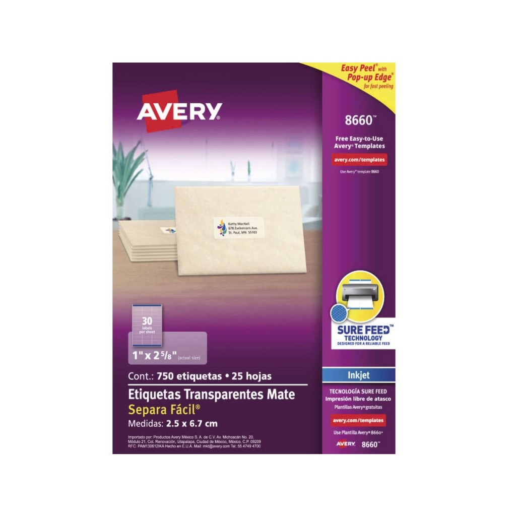 ETIQUETA AVERY TRANSPARENTE PERMANENTE INKJET 2.5CMX6.7CM