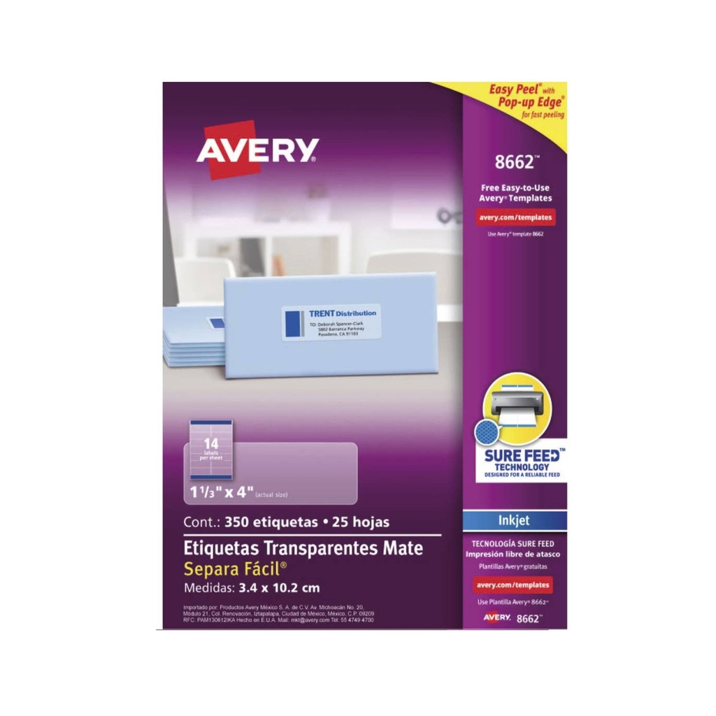 ETIQUETA AVERY TRANSPARENTE PERMANENTE INKJET 3.4CMX10.2CM