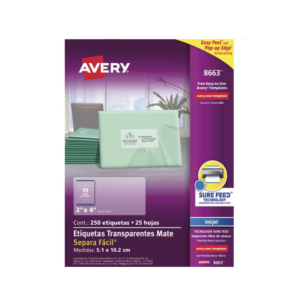 ETIQUETA AVERY TRANSPARENTE INKJET 5.1CMX10.2CM