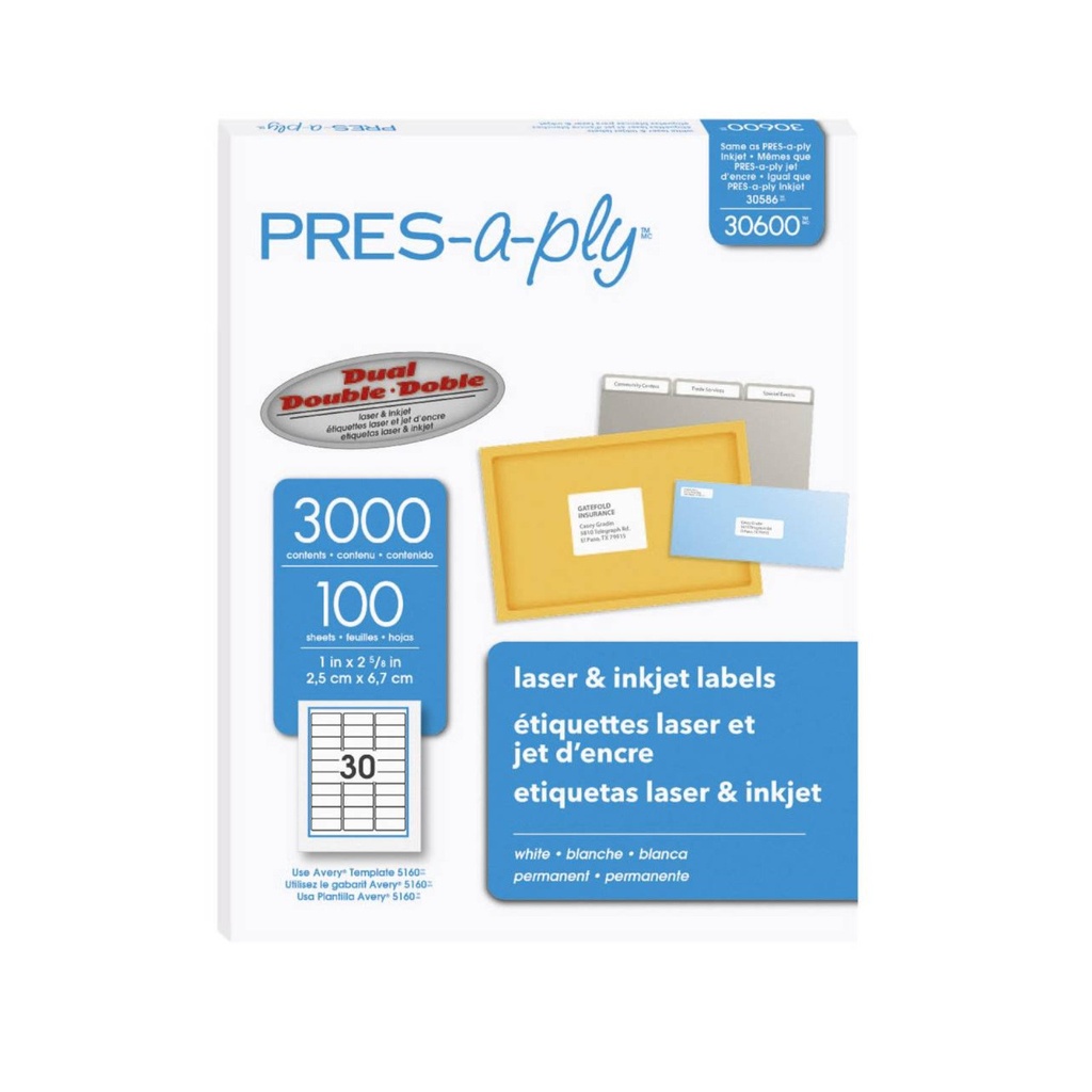 ETIQUETA PRES APLY BLANCA PERMANENTE LASER/INKJET 2.5CMX6.7C