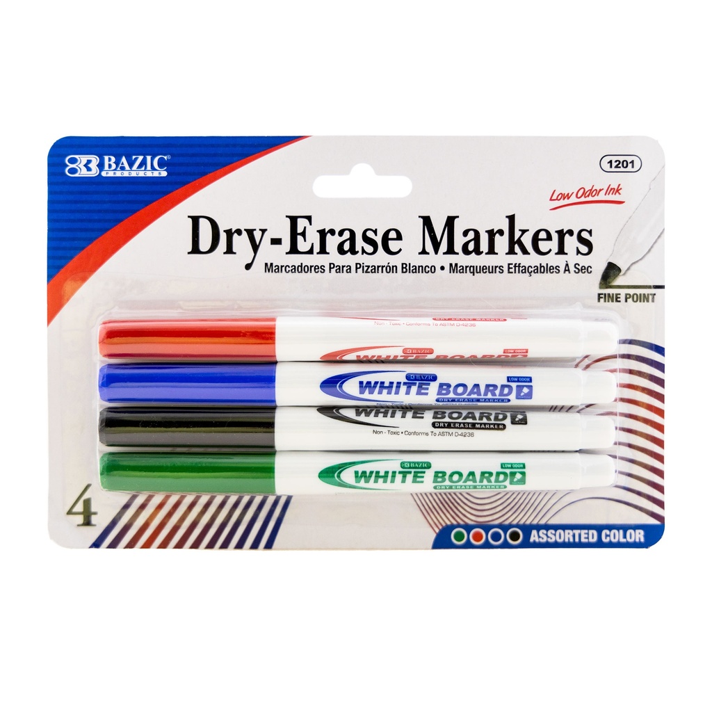 [BAZ1201] MARCADOR BAZIC P/PIZARRON DELGADO 4COLORS