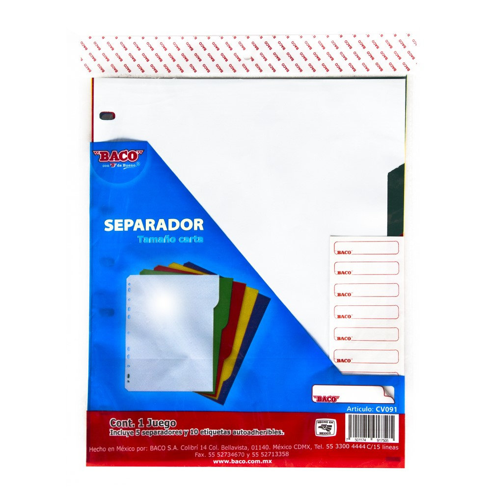 SEPARADOR P/CARPETA 5 PZ COLOR BACO