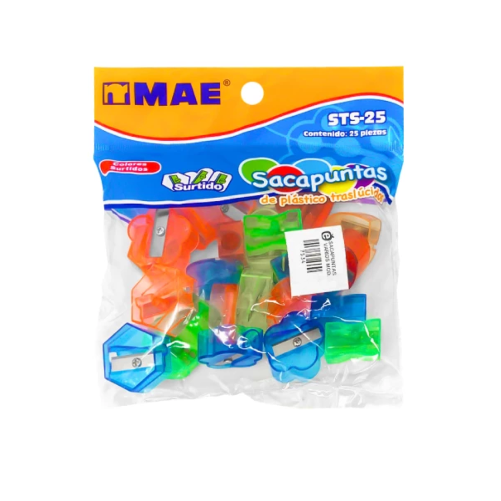 [STS-25] SACAPUNTAS MAE PLAST. TRANSLUCIDO C/25 FIG. SURTIDAS