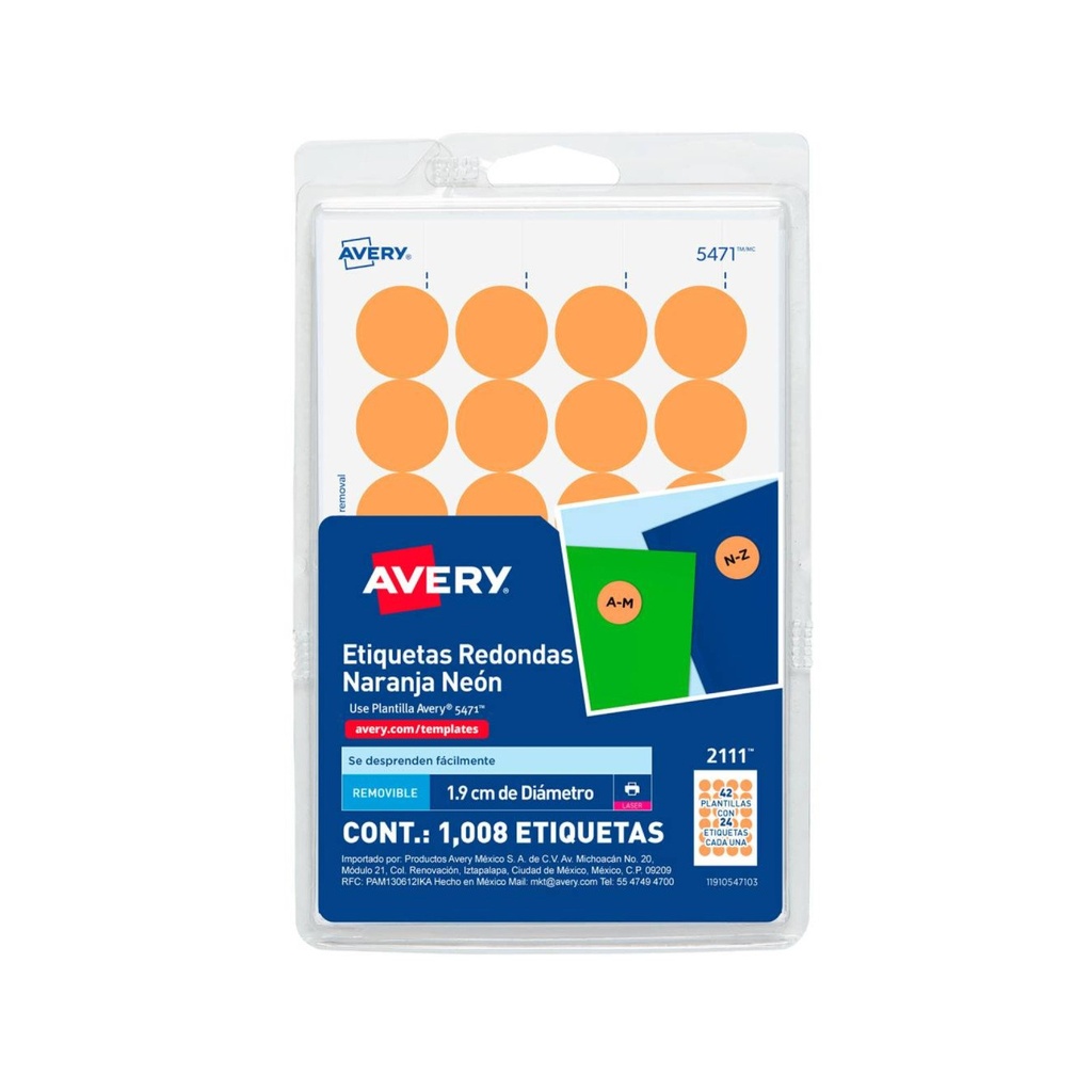 [AVR2111] ETIQUETAS AVERY DE CODIGOS DE COLOR  NARANJA NEON 1008 PZ