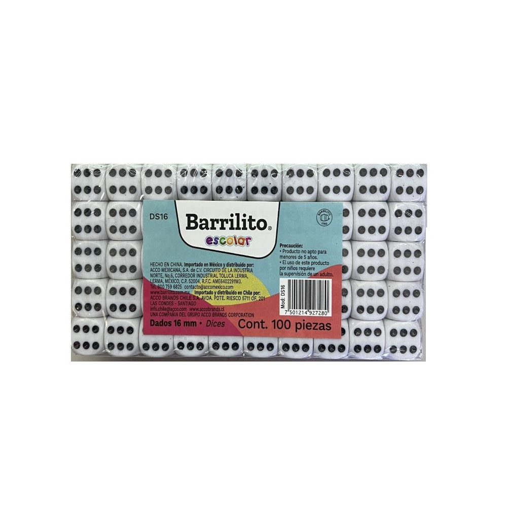 [7501214927280] JUGUETE DADO BARRILITO 16MM C/100