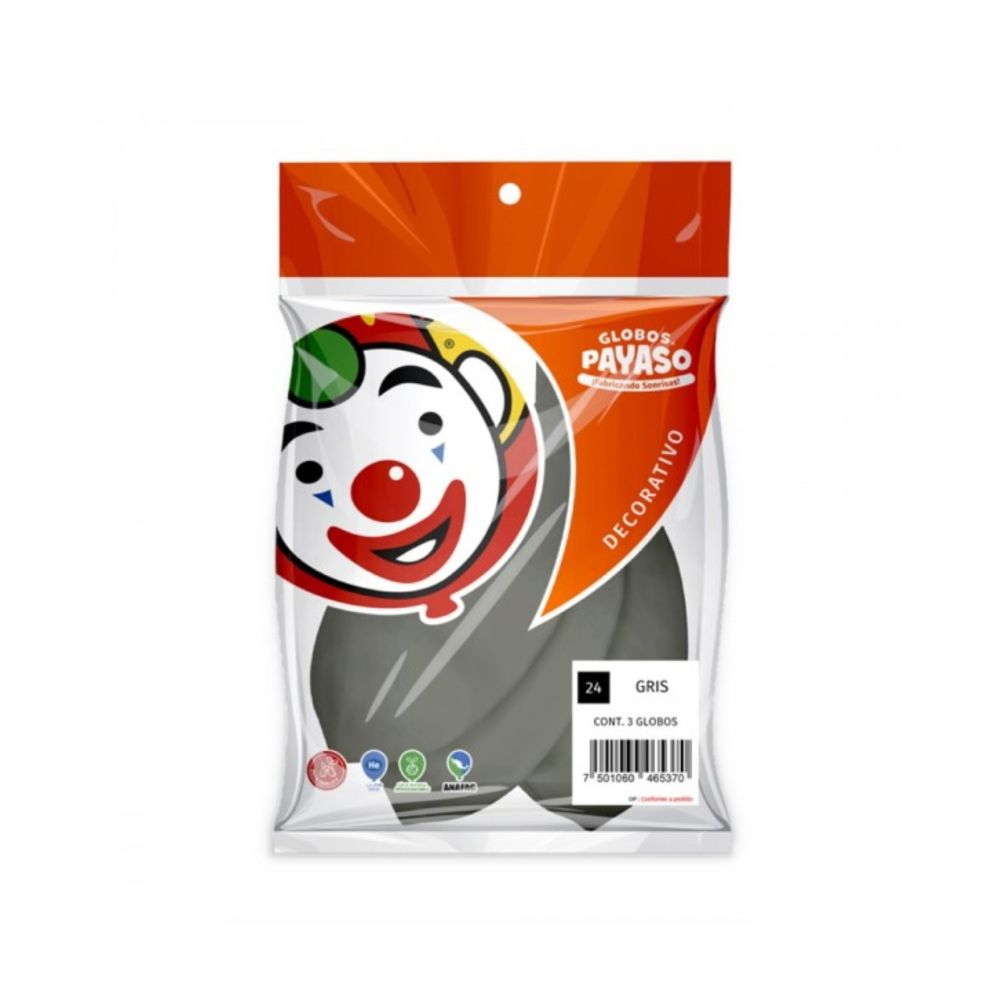 [FAB465370] GLOBO PAYASO DECORATIVO GRIS #24 C/3PZ