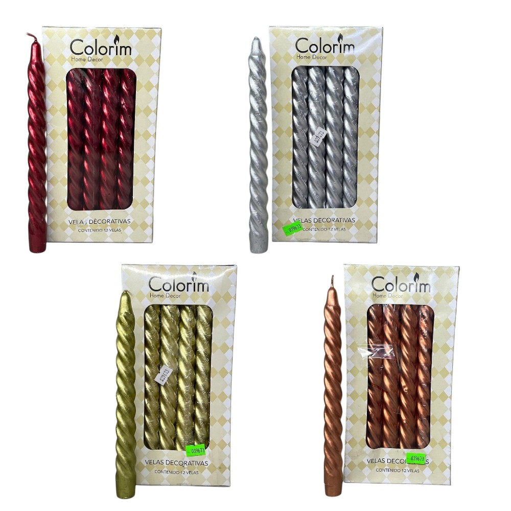 VELA ESPIRAL COLORIM METALICA, ORO Y PLATA CAJA C/12 PZAS.